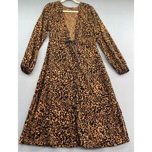 EAC Dress Womens S Velvet Burnout Leopard Print Midi Dress Long Sleeve Tie Waist